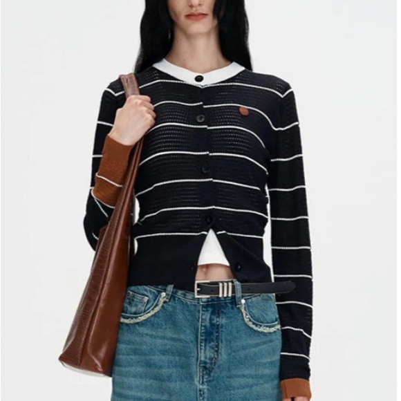 SELFWHO Black Openwork Knit Sweater Long Sleeve T-shirt Size Small - Picture 1 of 16